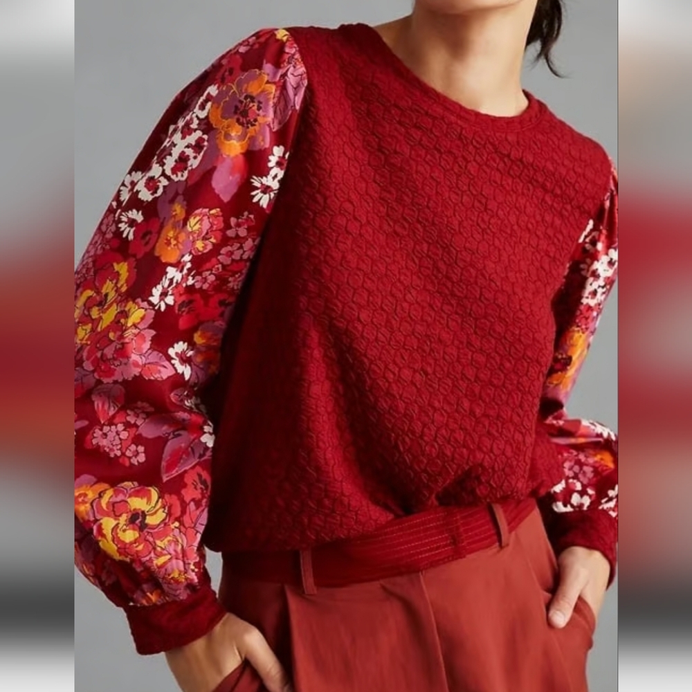 Anthropologie Porridge Mulberry Textured Red Floral Sweatshirt Top Small